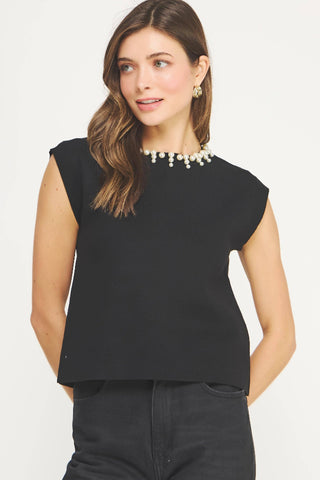 Strut & Bolt Pearl Jeweled Trim Knit Top - Black SSB-TK-40086-L-2