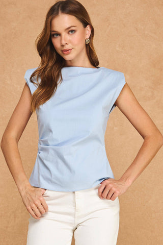 Strut & Bolt Structured Shoulder Pad Sleeveless Ruched Waist Blouse SSB-T-50918-JK Dusty Chambray