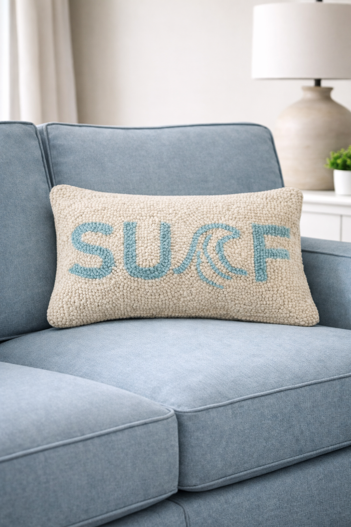 Coastal "SURF" Hand-Hooked Wool Throw Pillow – 8x12 Beach Decor Accent
