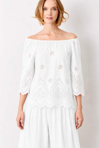 Suzy D Whimsy Broderie Anglais Bardot Wide Sleeve Top