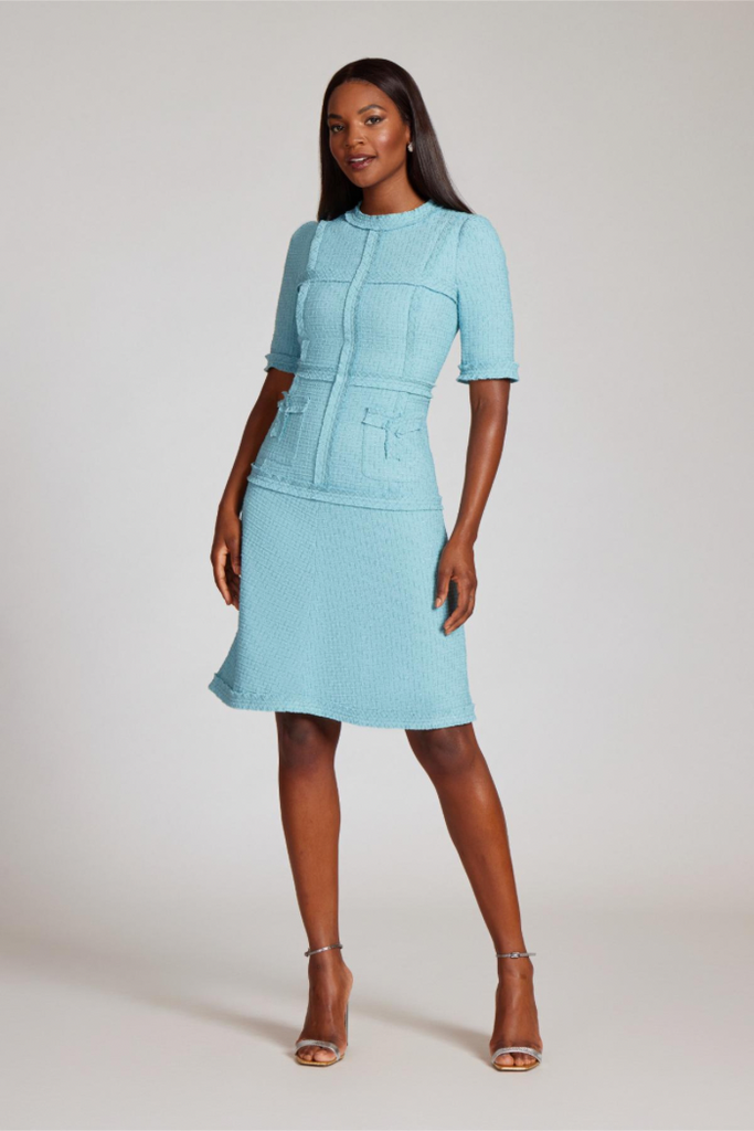 Teri Jon Tweed Dress with Metallic Trim – The Dressing Room