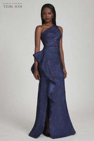 Teri Jon 217028 Jacquard One Shoulder Side Ruffle Gown