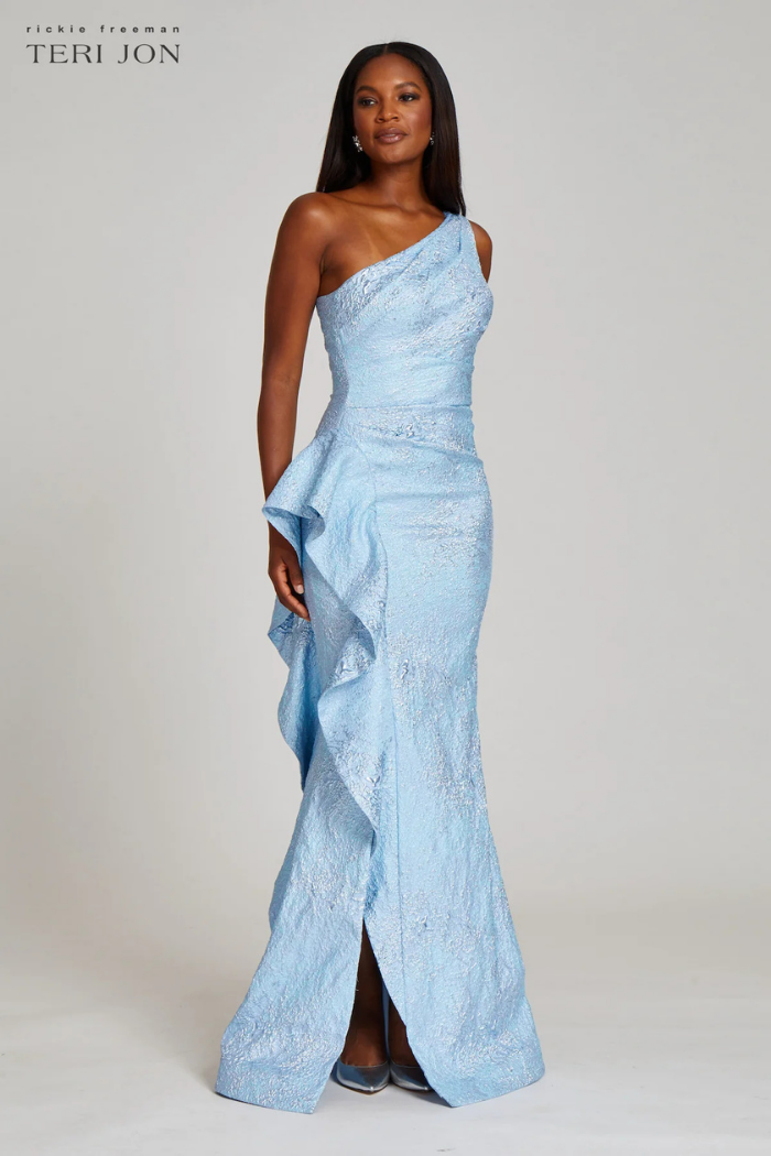 Teri Jon Jacquard One Shoulder Gown with Statement Side Ruffle The Dressing Room Teri Jon Jacquard One Shoulder Gown with Statement Side Ruffle The Dressing Room