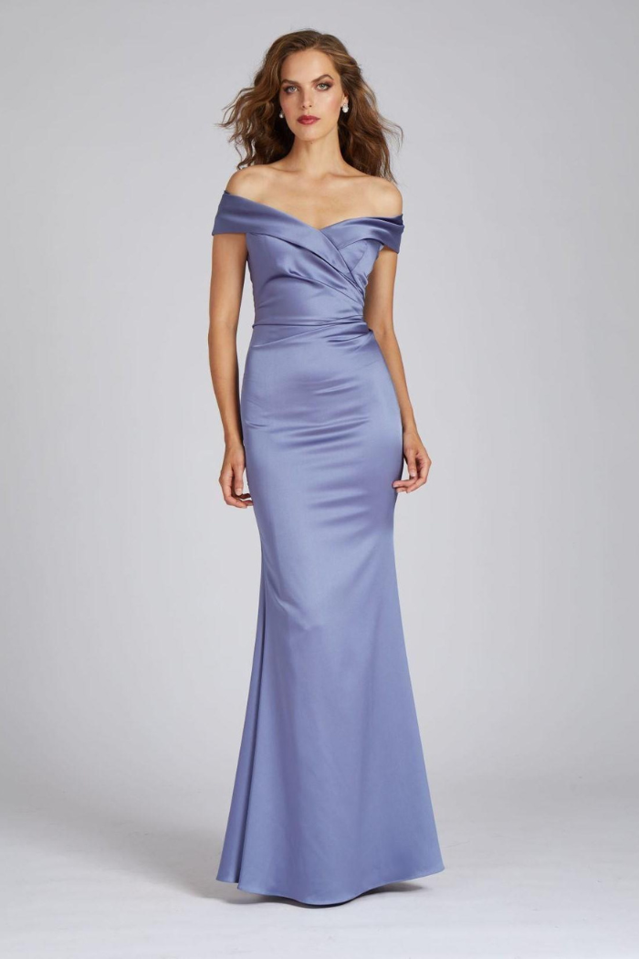 Teri Jon Off-the-Shoulder Portrait Collar Stretch Satin Evening Gown The Dressing Room Teri Jon Off-the-Shoulder Portrait Collar Stretch Satin Evening Gown The Dressing Room