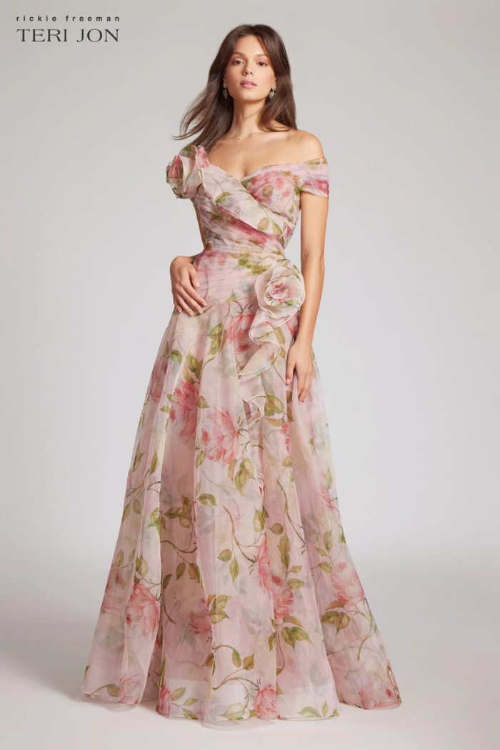Teri Jon 246006 Off-The-Shoulder Organza Floral Gown Blush Multi The Dressing Room Teri Jon 246006 Off-The-Shoulder Organza Floral Gown Blush Multi The Dressing Room