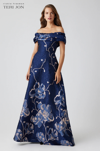 Teri Jon 246007 Off The Shoulder Floral Border Gown