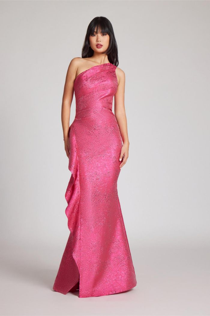 Teri Jon Hot Pink Metallic Jacquard One Shoulder Gown with Side Ruffle The Dressing Room Teri Jon Hot Pink Metallic Jacquard One Shoulder Gown with Side Ruffle The Dressing Room
