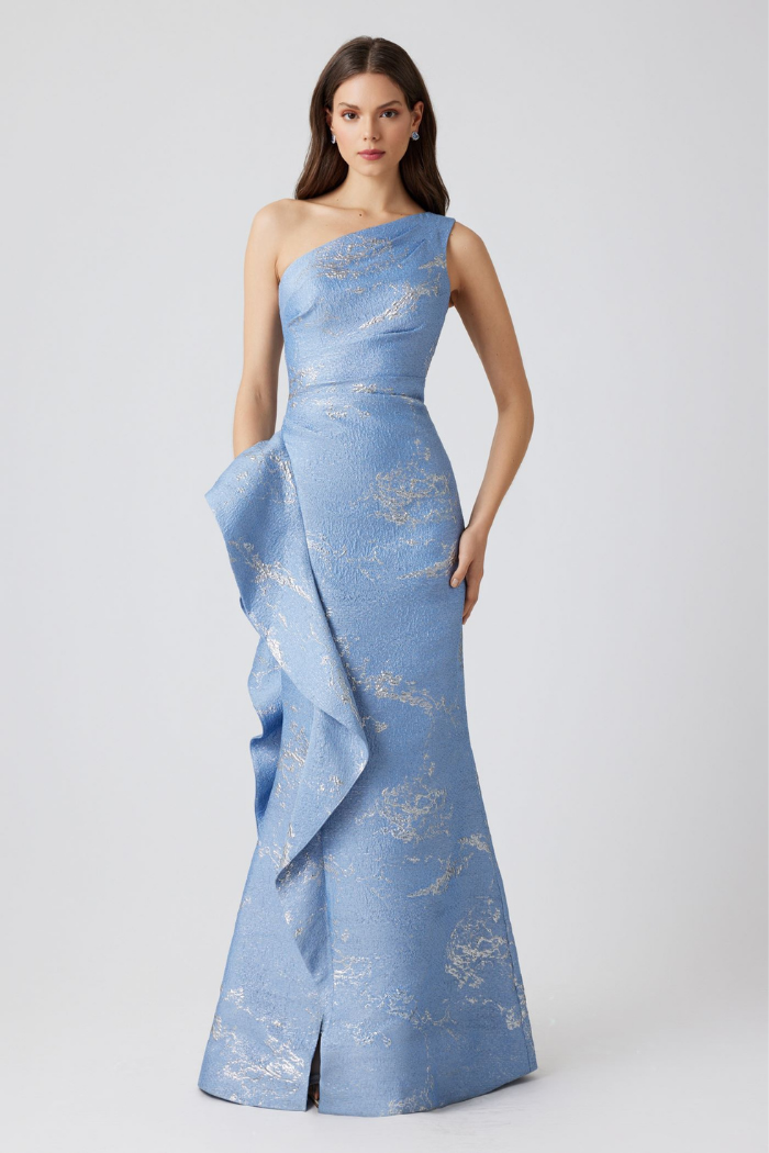 Teri Jon Metallic Jacquard One Shoulder Gown - Light Blue Silver - 18 Teri Jon Metallic Jacquard One Shoulder Gown - Light Blue Silver - 18