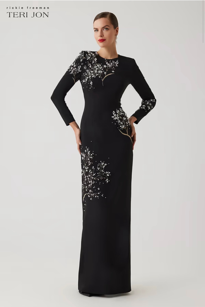 Teri Jon 257048 | Crepe Floral Pearl Applique Gown