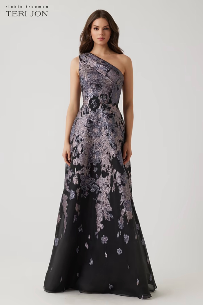 Teri Jon Floral Metallic Jacquard One Shoulder Gown Size 6 Teri Jon Floral Metallic Jacquard One Shoulder Gown Size 6