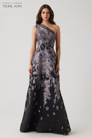 Black Amethyst Metallic Jacquard One-Shoulder Gown