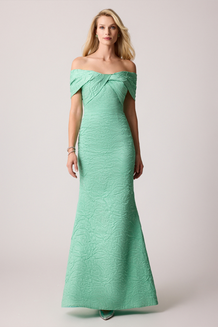 Teri Jon Mint Green Off-the-Shoulder Twist Gown | Jacquard Dress The Dressing Room Teri Jon Mint Green Off-the-Shoulder Twist Gown | Jacquard Dress The Dressing Room