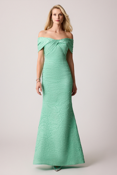 Teri Jon Mint Green Off-the-Shoulder Twist Gown