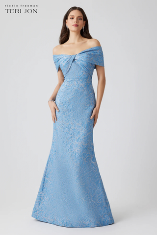 Teri Jon 259087 Jacquard Twist Bust Off Shoulder Mermaid Gown