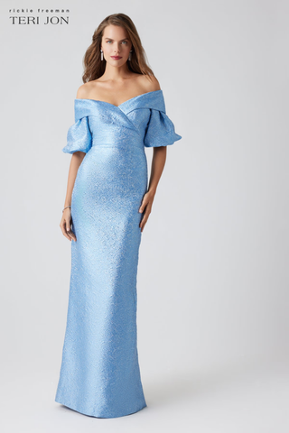 Teri Jon Metallic Jacquard Off-Shoulder Puff Sleeve Gown