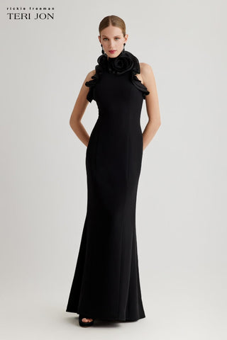 Teri Jon 266082 Black Stretch Crepe Ruffled Halter Gown