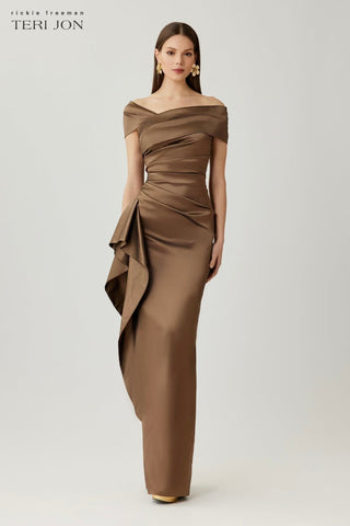 Teri Jon 267008 Bronze Stretch Taffeta Asymmetrical Off The Shoulder Side Ruffle Gown