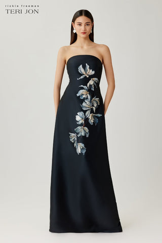Teri Jon 267061 Black Multi Mikado Strapless Beaded Floral Gown