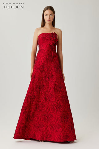 Teri Jon 267066 Red Strapless Floral Jacquard Ball Gown