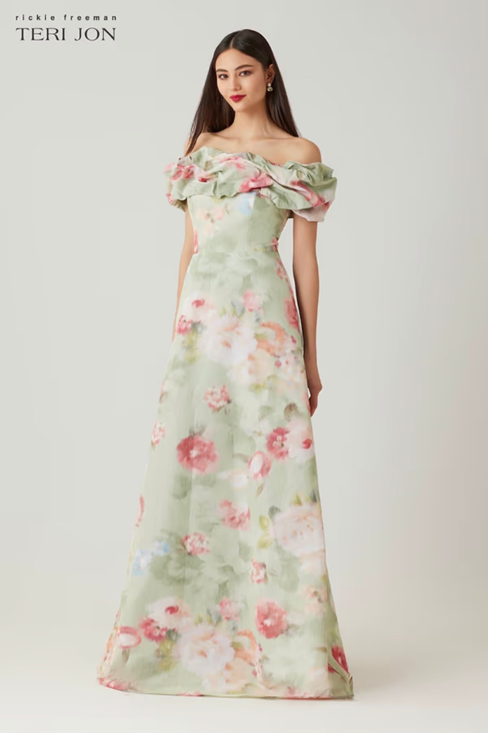 Teri Jon 269021 Taffeta Digital Print Off-Shoulder Gown