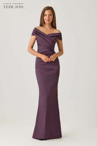 Teri Jon 96022 Eggplant Off The Shoulder Stretch Satin Gown