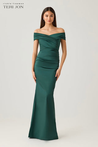 Teri Jon 96022 Forest Off The Shoulder Stretch Satin Gown