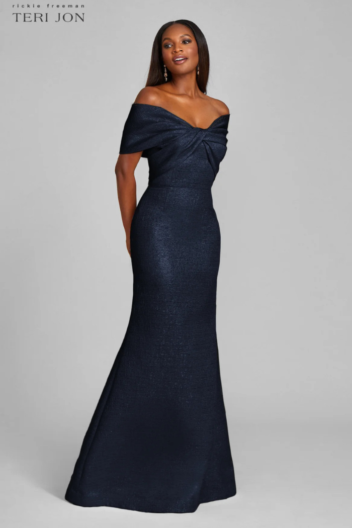 Metallic Jacquard Twist Bodice Off-The-Shoulder Evening Gown The Dressing Room Metallic Jacquard Twist Bodice Off-The-Shoulder Evening Gown The Dressing Room