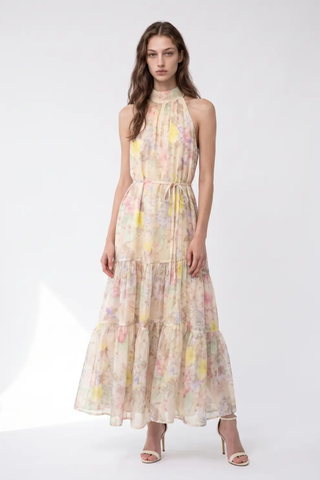 Tropical Floral Print Belted Maxi Halter Dress Beulah AC3218