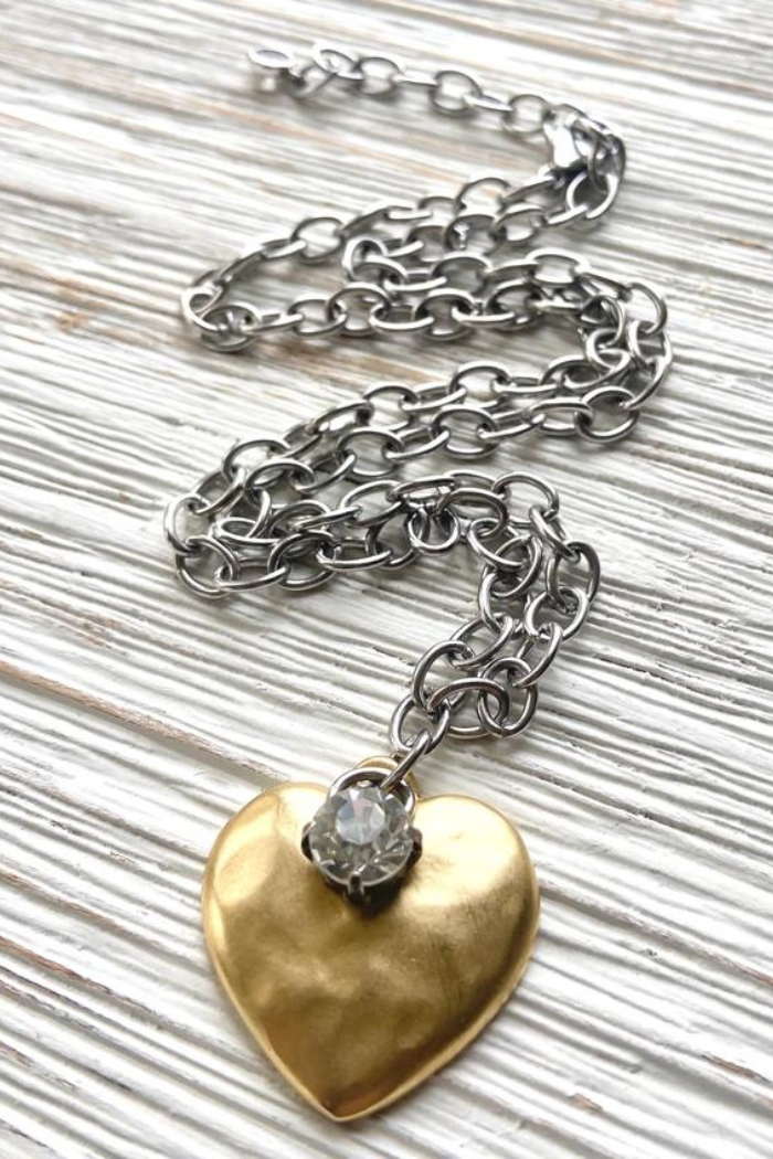 Mixed metal hammered heart with rhinestone