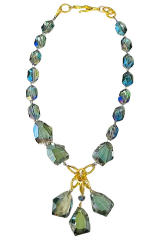Green Crystal Y Drop Statement Necklace