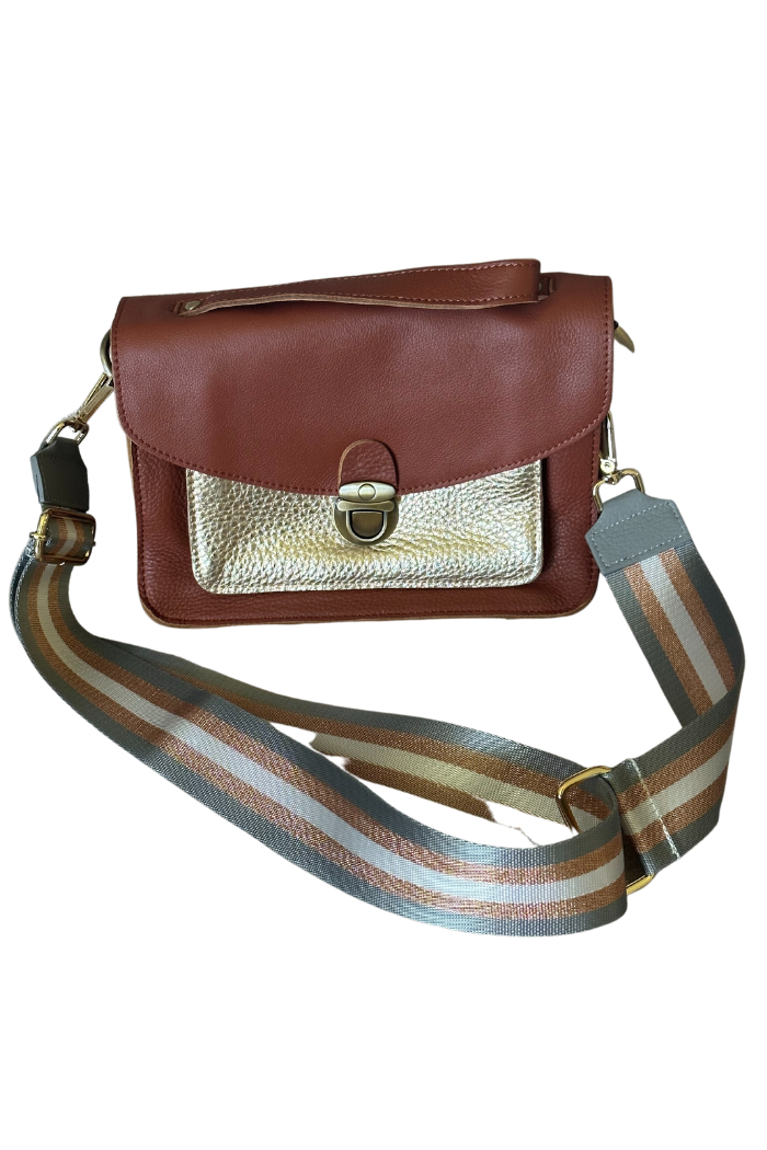 Tan and metallic gold italian leather satchel bag