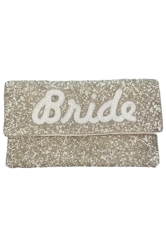 Silver bugle bead and pearl bride clutch