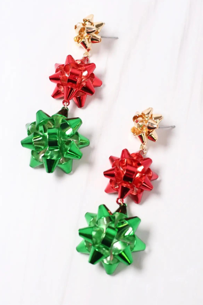 Triple holiday bow drop earrings