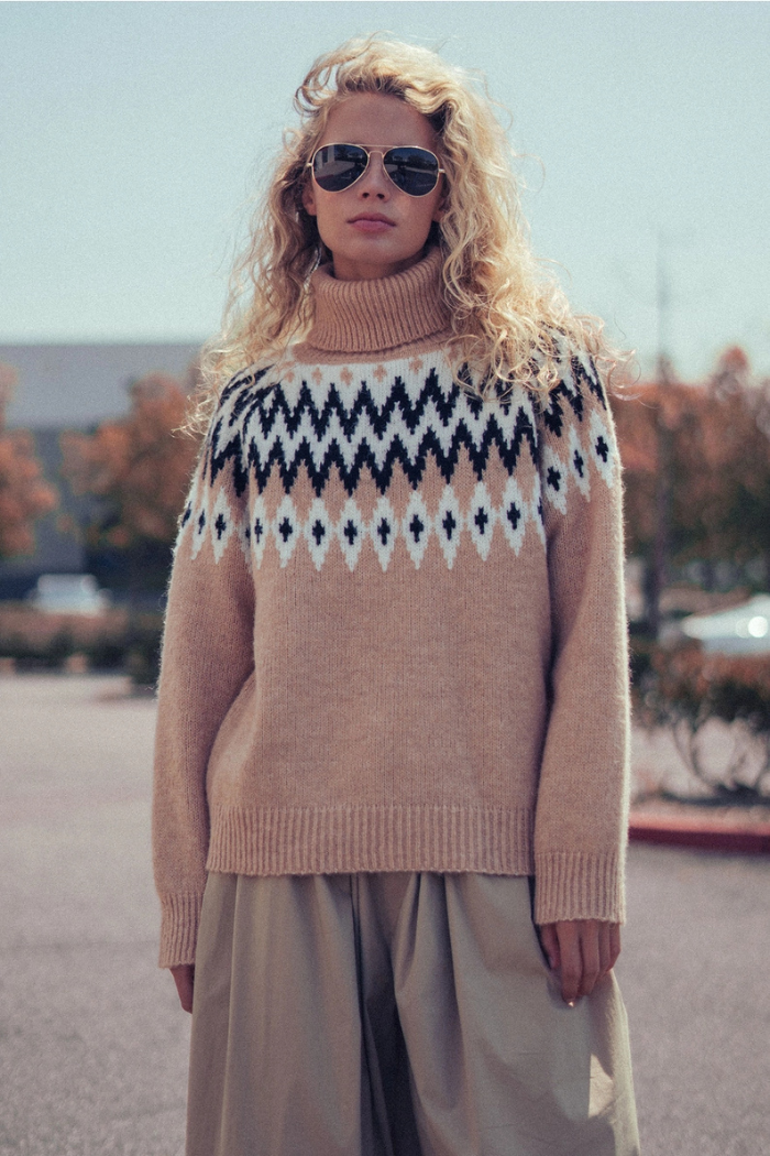 Urban Daizy Fair Isle Knit Turtleneck Sweater Taupe Multi
