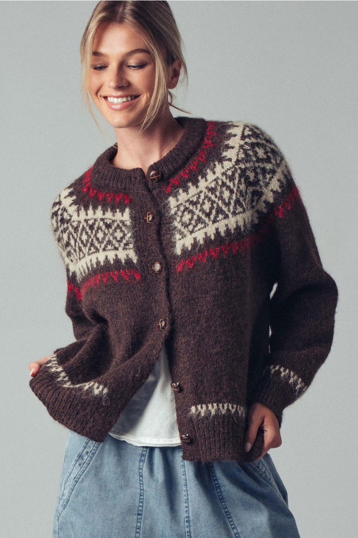 Urban Daizy Fair Isle Nordic Toggle Knit Cardigan - Brown UD23971