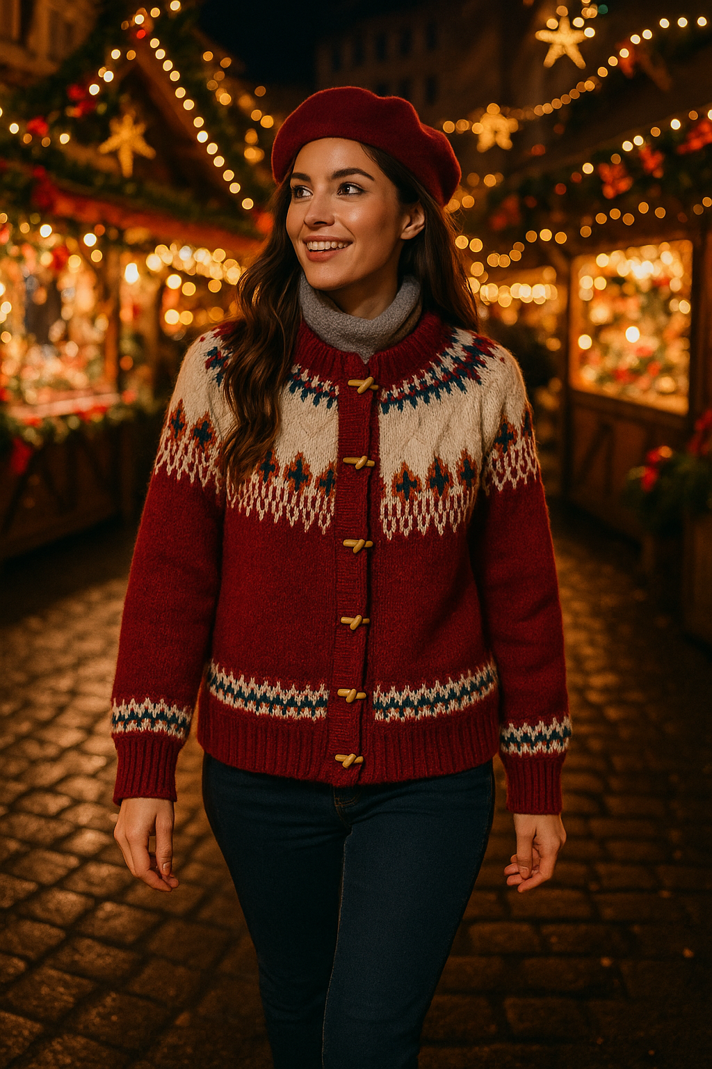 Urban Daizy Nordic Pattern Wool Blend Toggle Cardigan - Red