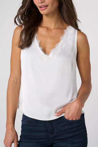 V-Neck Woven Tank with Lace Trim - Whipped Cream LM8M20PS6