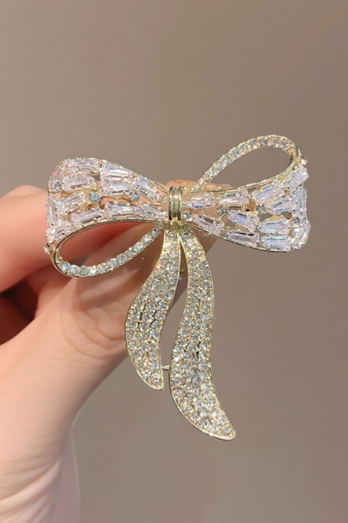 New Sparkling Silver Rhinestone Bow Brooch Audrey Hepburn Style Bow Brooch: Silver CZ Sparkling Jewelry  main image 2