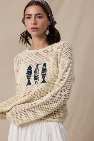 Wishlist Fish Trio Open Knit Sweater WL25-11986 Natural/Navy