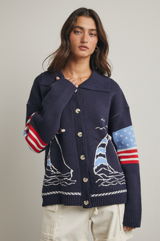Wishlist Sailboat Cardigan Sweater WL25-11910 Navy