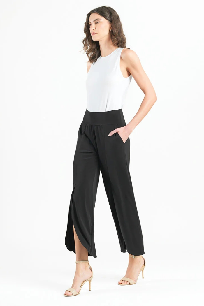 Wrinkle-Free Front Slit Petal Ankle Pants – Silky Soft Travel Knit (Black)