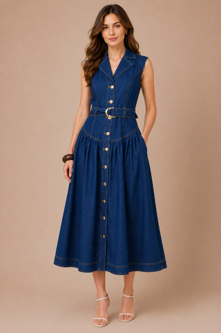 Zoe and Claire Belted Sleeveless Denim Maxi Dress SP1096