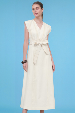 Zoe and Claire Cream Woven Dress with Line Lace SP1208