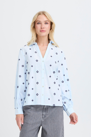 Woman wearing a light blue shirt with black geometric pattern on a white background b. young BYFabienne Long Sleeve Shirt