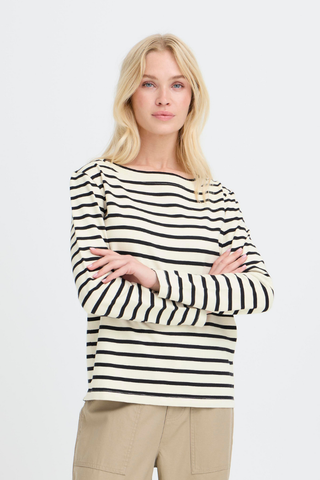 Woman wearing a black and white striped sweater on a light gray background b. young BYSaima Boatneck T-Shirt 