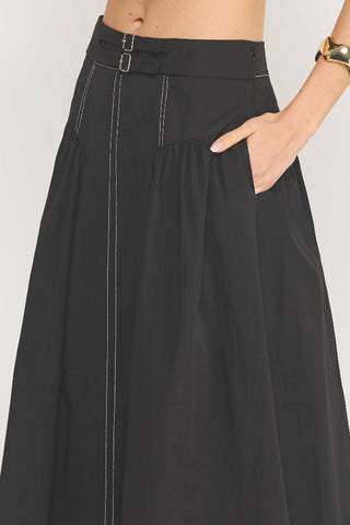 Strut & Bolt Top Stitch Buckle Detail Poplin Midi Skirt - Black S-8474-JK-2