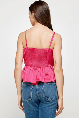 Strut & Bolt Pleated Peplum Satin Cami Top Fuchsia T-6507-H-2