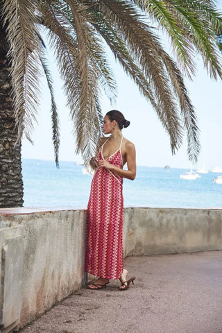 red and white crochet dress Sleeveless Crochet Halter Midi Dress Red Pink