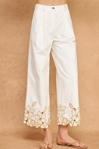 Strut & Bolt Floral Cut-Out Embroidery Twill Pants Off White P-3581-P