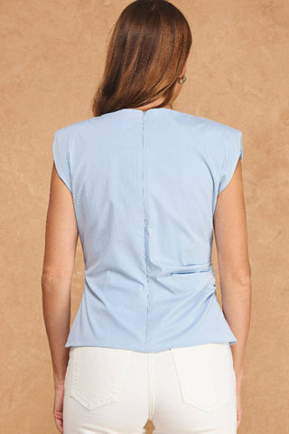 Strut & Bolt Structured Shoulder Pad Sleeveless Ruched Waist Blouse SSB-T-50918-JK Dusty Chambray